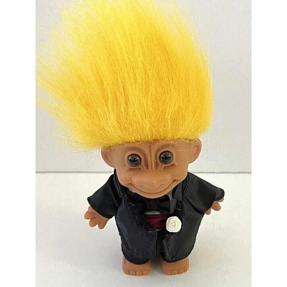 Vintage Russ Troll Doll Groom Yellow Hair Glass Brown Eyes Black Tuxedo Burdundy